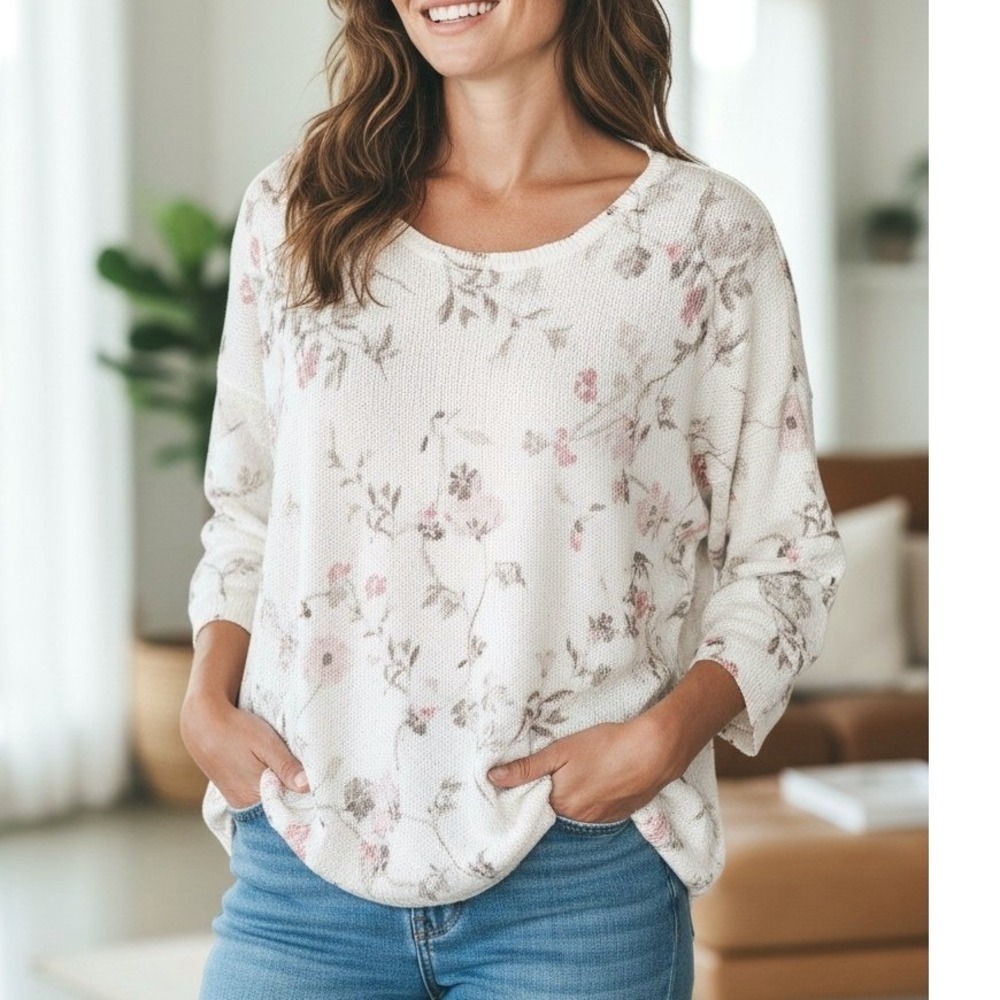 J .Jill Linen‎ Blend Sweater Watercolor Floral 3/4 Sleeve Relaxed Coastal Size S